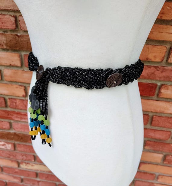 Vintage Beaded Belt: Black Seed Beads, Colorful Tassel, Boho  display picture 2
