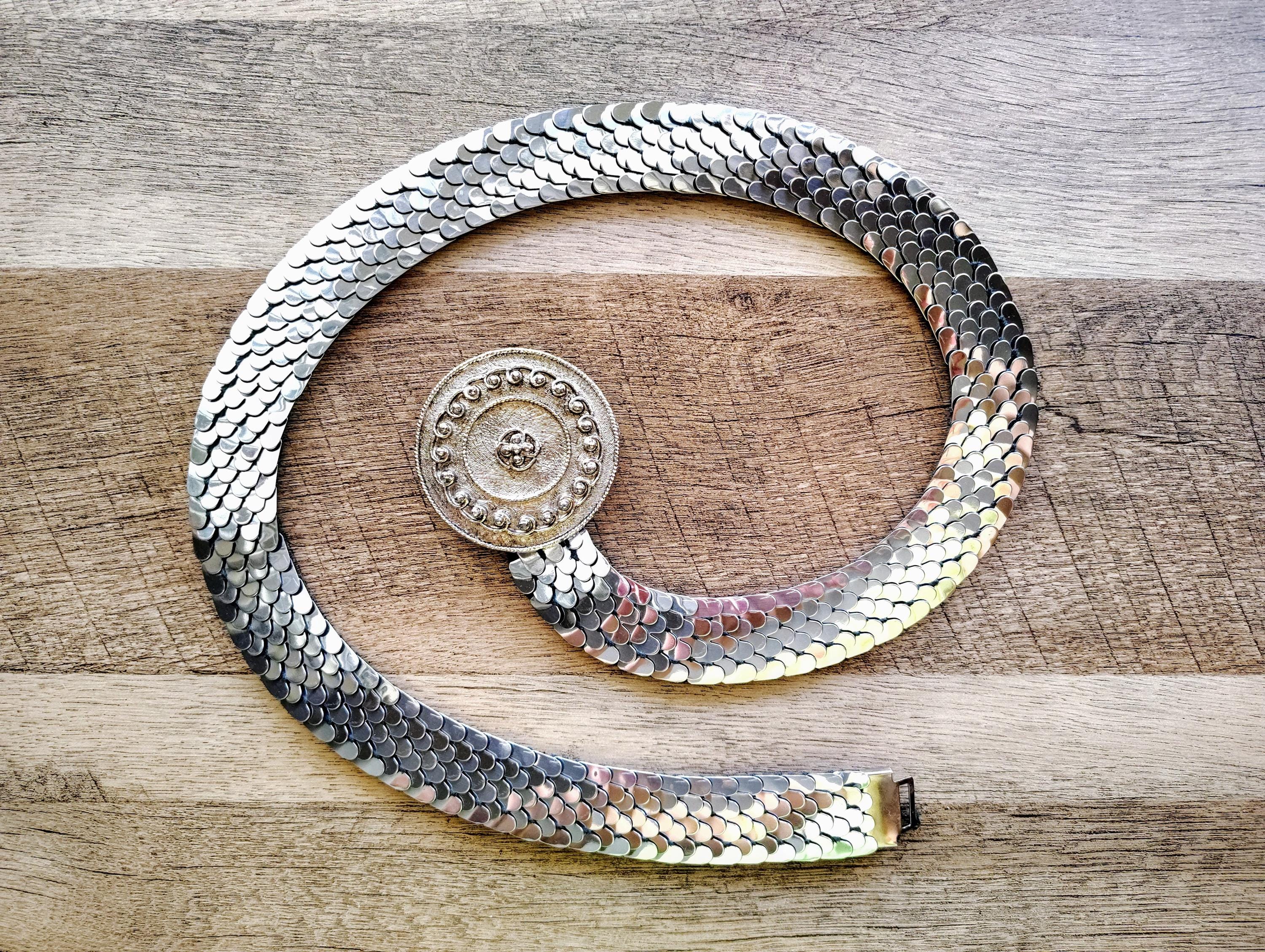 Silver Snake Detailed Hook Stretchy Vintage Belt Vintage Retro Wide Stretchy Silver Tone Metal Snake Scale  main image 2