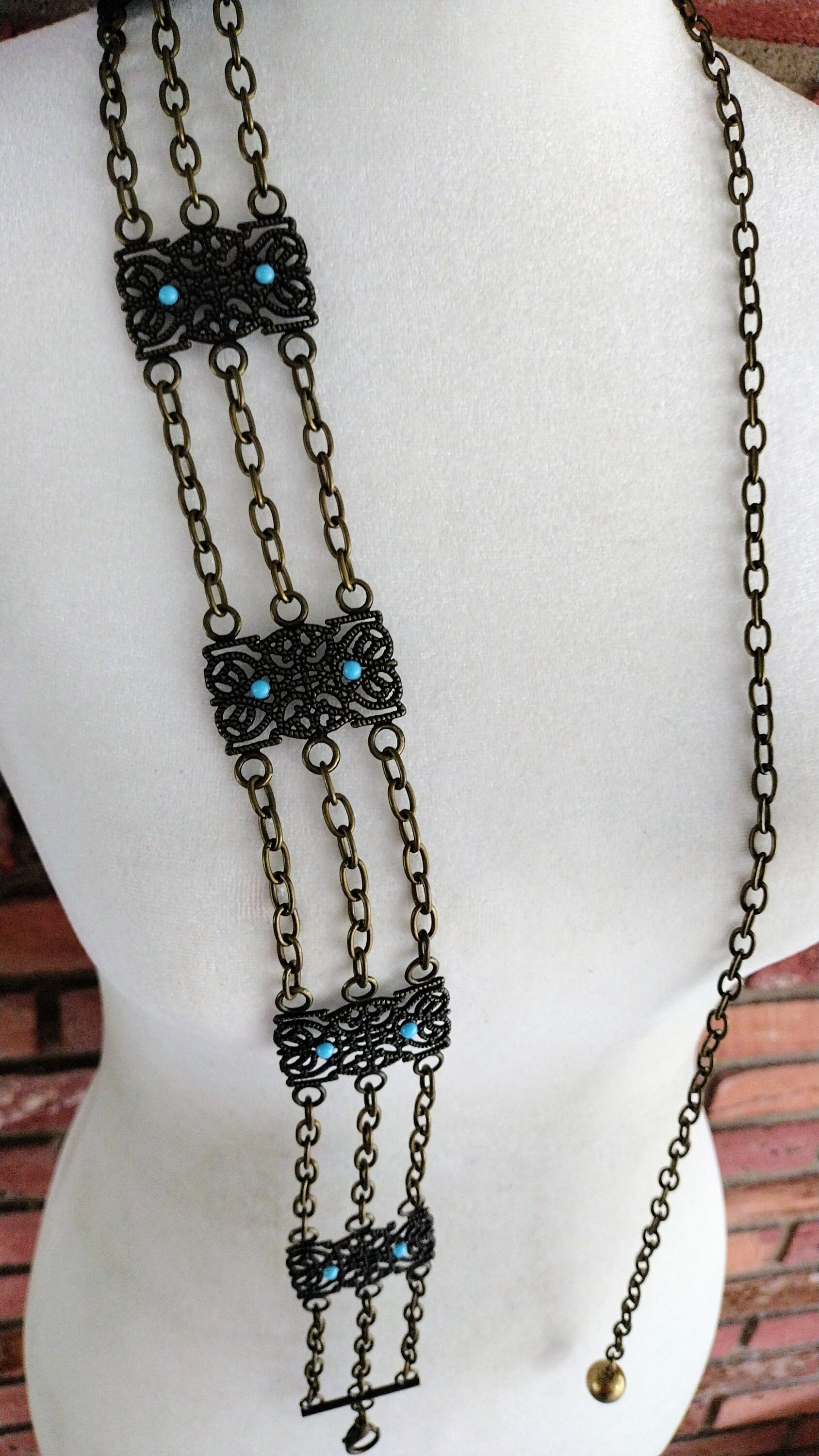 Vintage Gold Chain Belt: Faux Turquoise Filigree Medallions  display picture 1