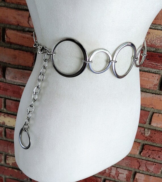 Vintage Chain Belt Silver Shiny Metal Large and Small… Gem