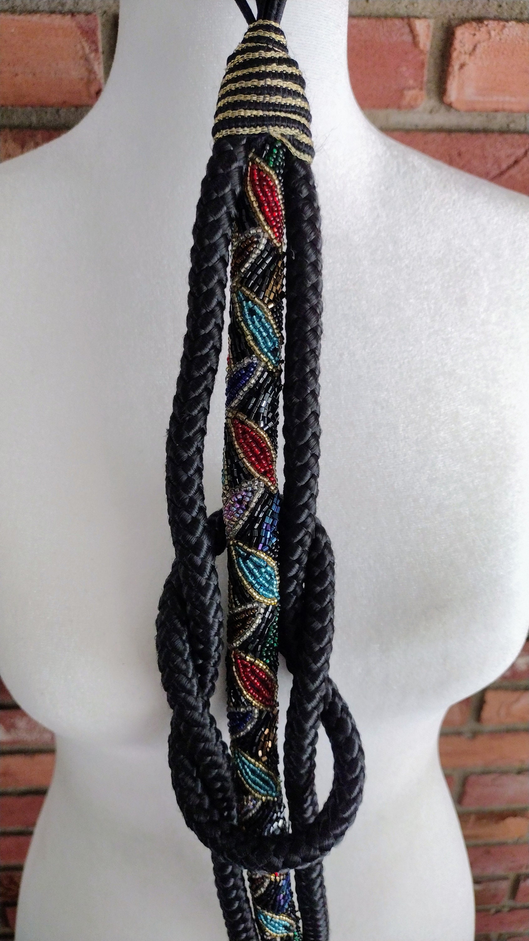 Vintage Beaded Rope Belt: Black Braided Cording, Iridescent 