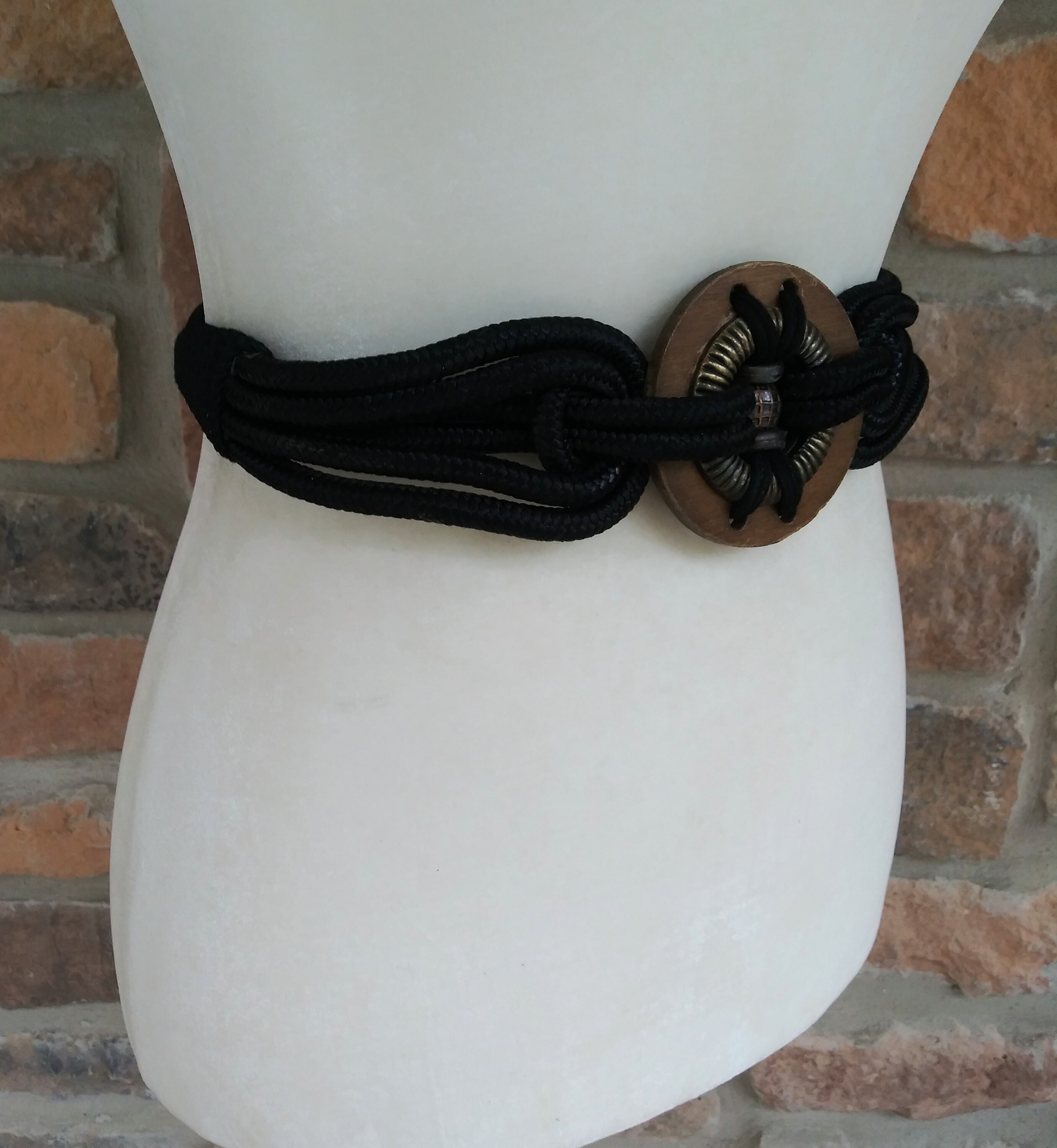 Vintage Medallion Belt: Wood, Gold Metal, Copper Bead, Black 
