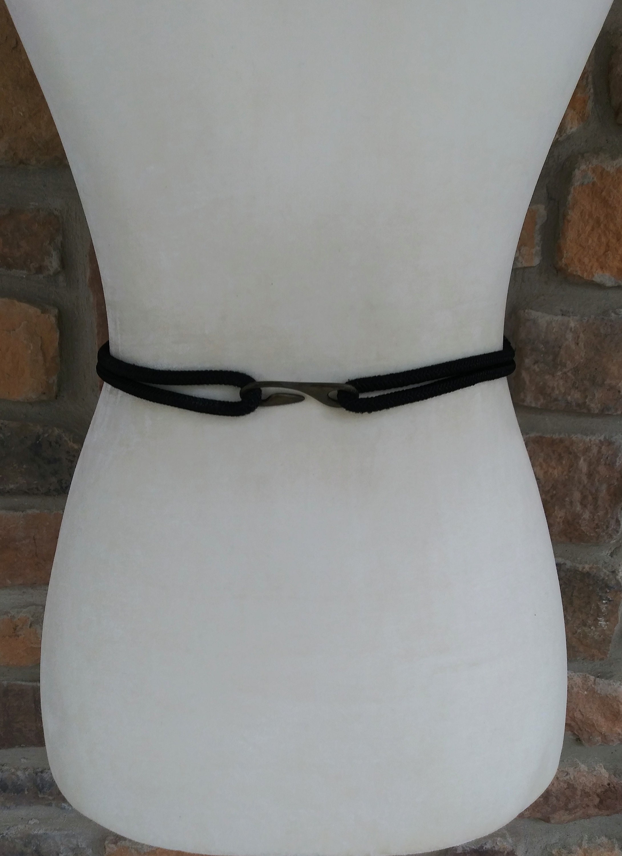 Vintage Medallion Belt: Wood, Gold Metal, Copper Bead, Black 