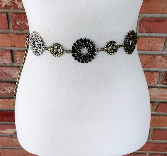 Vintage Chain Belt Gold and Silver Metal Round Circle… Gem