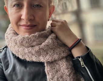 ハンドメイドクロシェスカーフ、ソフトモヘアアルパカブレンド、軽量で暖かい冬