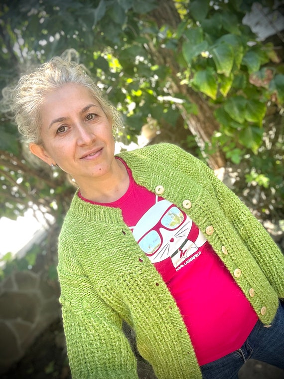 Handmade Knitted Cardigan – Wool Mohair Angora Blend, Fluffy Cozy