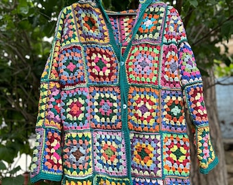 Handmade Crochet Granny Square Cardigan, Colorful Boho Knit Jacket, Oversized Festival Sweater