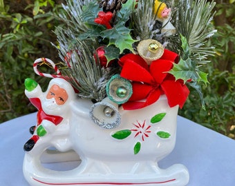 Vintage Kitschy Santa Claus in Ceramic Sleigh, Christmas Planter