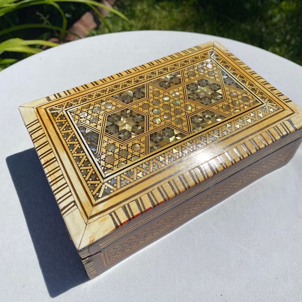 Vintage Mid Century Wood, Mother of Pearl, Jewelry Box, Egyptian Cigarette Box