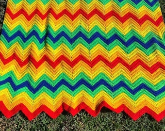 Vintage Handmade Crochet Rainbow Afghan, Chevron Striped Throw Blanket