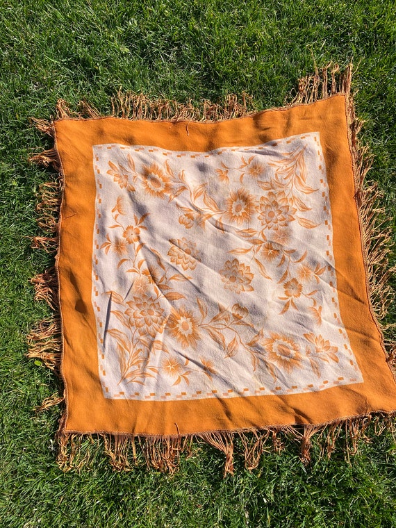 Vintage MCM Orange Floral Fringe 1960’s Scarf - image 2