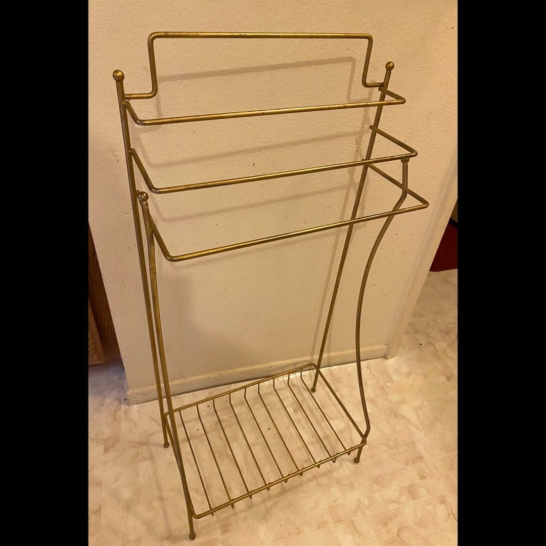Vintage Mid Century Gold Brass Standing Towel Rack Bathroom Etsy