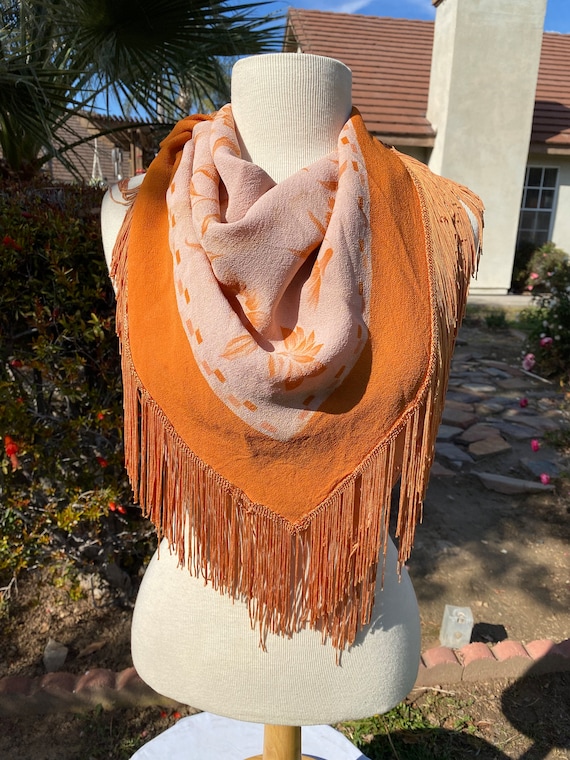 Vintage MCM Orange Floral Fringe 1960’s Scarf - image 1