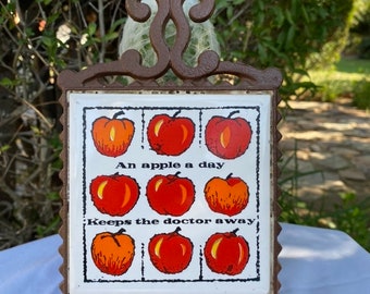 Vintage 1960's Apple a Day Cast Iron and Tile Trivet