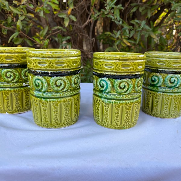 Vintage MCM 1970’s Green Brutalist Cups, Ceramic Drinkware