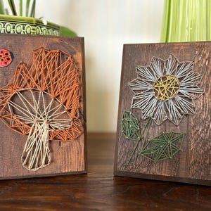 May include: Two rectangular dark wood plaques featuring string art designs. The left plaque displays an orange mushroom with a small red ladybug. The right plaque features a white daisy flower with a yellow center and green leaves.
