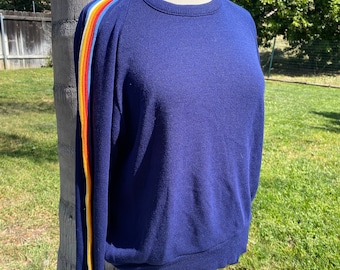 1970’s Vintage Acrylic, Blue, Rainbow Striped Retro Knit Sweater
