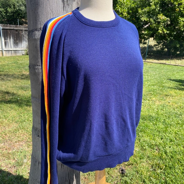 1970’s Vintage Acrylic, Blue, Rainbow Striped Retro Knit Sweater