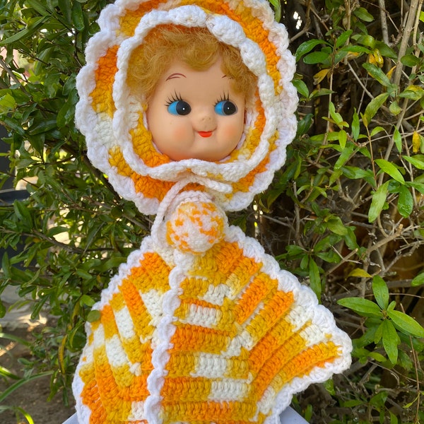 Vintage Handmade Crochet Doll Face Pot Holder, Wall Hanging