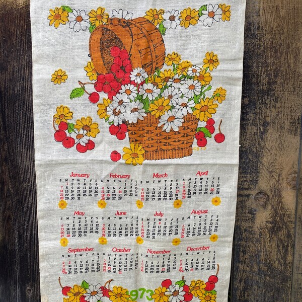 Vintage 1970’s Floral Kitschy Calendar Tea Towel