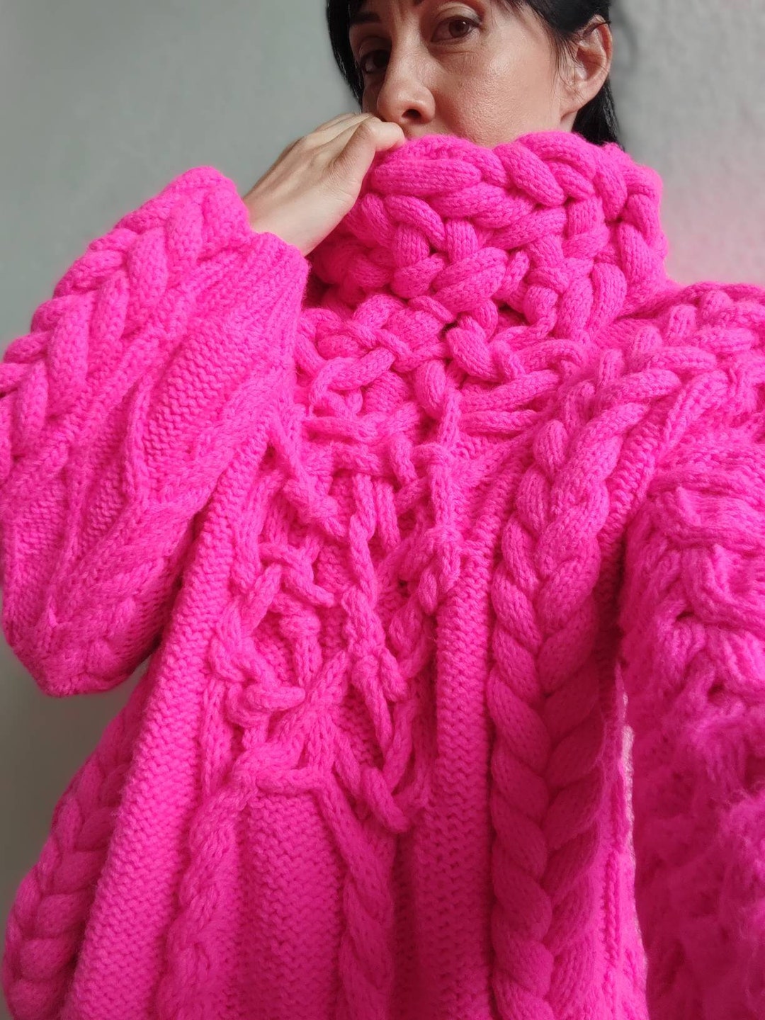 Fashionable Neon Pink Sweater, Designer Knitwear, Handmade Fashionable Neon Pink Sweater, Designer Knitwear, Handmade