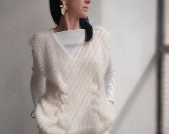 Luxury Cashmere and Mohair White Vest, Cozy Hand Knitted Pullover Vest