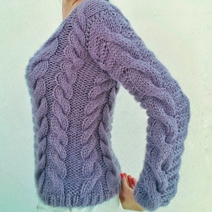 Angora knit sweater, Unique lilac jumper, Handmade wool sweater, Cable knit jumper, Wool knit sweater, Lilac sweater, Hand Knit Jumper