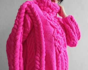 Fashionable Neon Pink Sweater, Designer Knitwear, Handmade