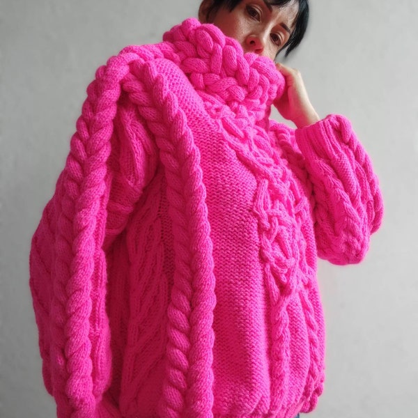 Neon Pink Knit Crewneck Sweater