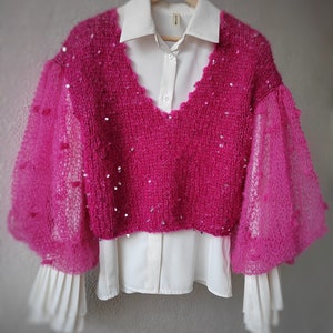 Mohair Sweater,Puff sleeves knitted blouse