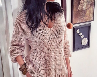 Beige cozy sweater,Knitted angora sweater, Unique women's jumper, Hand knit pullover, Cable knit sweater, V neck beige pullover