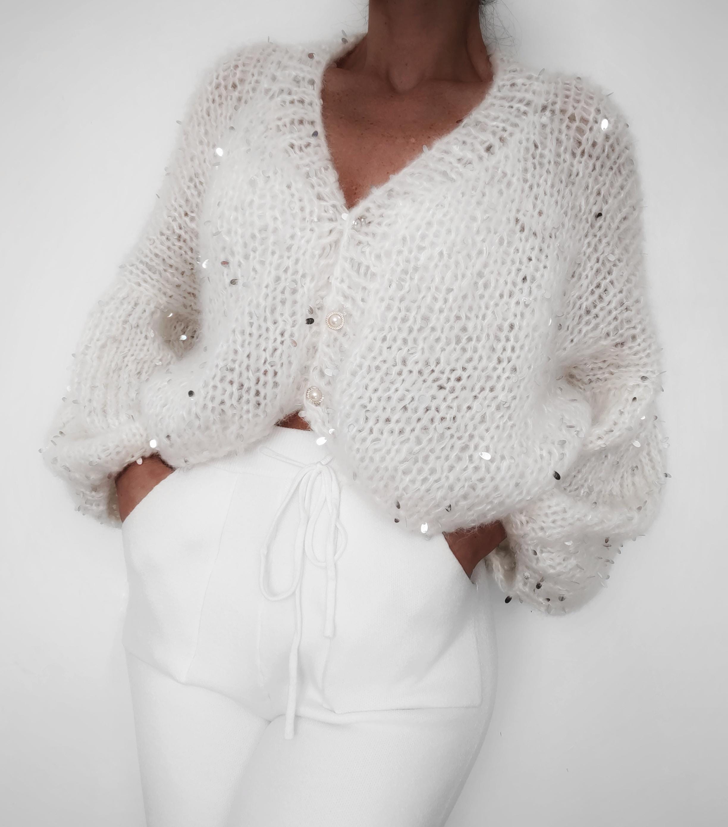 ジャケット・アウター 2way glitter feather knit cordigan White ケーブルニットライダースジャケット[品番：MKSW0027873]｜GYDA