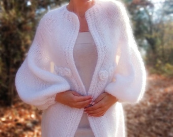 Luxury Mohair Gabrielle Cardigan, Unique hand Knitted White cardigan, Soft and Cozy Mohair cardigan Sweater