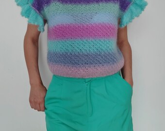 Magnifique gilet en mohair pastel, gilet pull confortable tricoté à la main