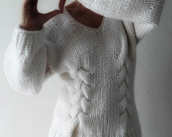 White V Neck Sweater Handmade Cozy Jumper Stylish Knitwear Hand Knit Wool Sweater Handmade Cozy Sweater Top Women Clothing White Sweater