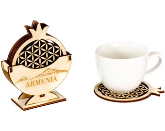 Personalized Coaster Set, Armenian Pomegranate 6 Coaster Sets With Holder, Best Personalized Gift For Her, Housewarming Gift, Christmas Gift