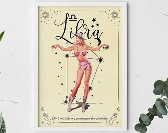 Libra Zodiac Art Print, Vintage Style Pinup, Astrology Gift