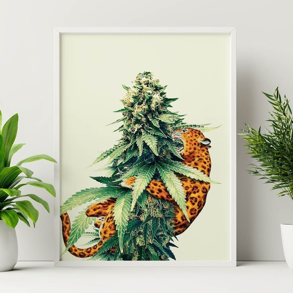 Cannabis Leopard Collage Art Print, Trippy Weed Artwork