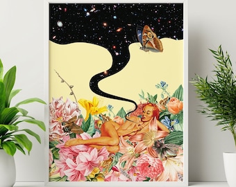 Trippy Space Collage Art Print: Retro Cosmic Design on Recycled Cotton Canvas