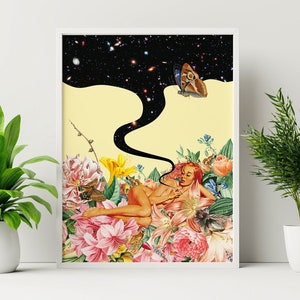 トリッピーな宇宙コラージュアートプリント：リサイクルコットンキャンバスに描かれたレトロな宇宙デザイン