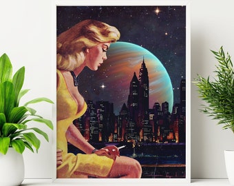 Impresión artística de collage cósmico psicodélico: Retro Overthinking 5, lienzo de algodón reciclado