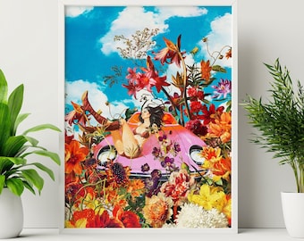Impresión artística de un coche con flores retro: collage cósmico psicodélico
