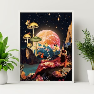 Planeta RZ-7200 (Paisaje de hongos, Arte mural psicodélico, Arte retro, Arte cósmico, Arte vintage, Arte espacial, Lámina artística)