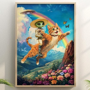 Mejores amigos v2 (Extraterrestre montado en un gato, arte extraterrestre surrealista, impresión de collage, arte de pared psicodélico, arte extraño, sin marco)