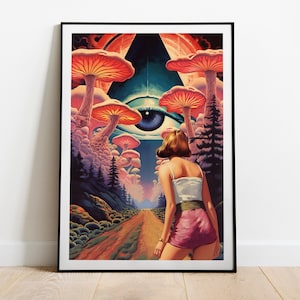 Trippy Mushroom Art Print: Retro Surreal Recycled Cotton Canvas