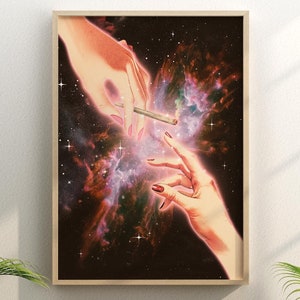 Conversaciones profundas v2 (impresión de cannabis, póster de marihuana, arte de pared psicodélico, arte de marihuana, arte cósmico, arte vintage, arte espacial, una mano pasando un porro)