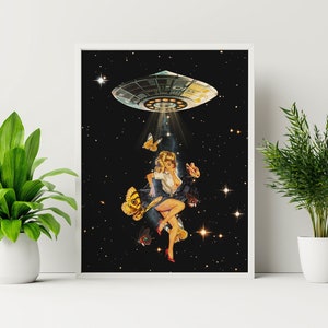 UFO Pin-Up Art Print: Retro Space Girl on Recycled Cotton Canvas