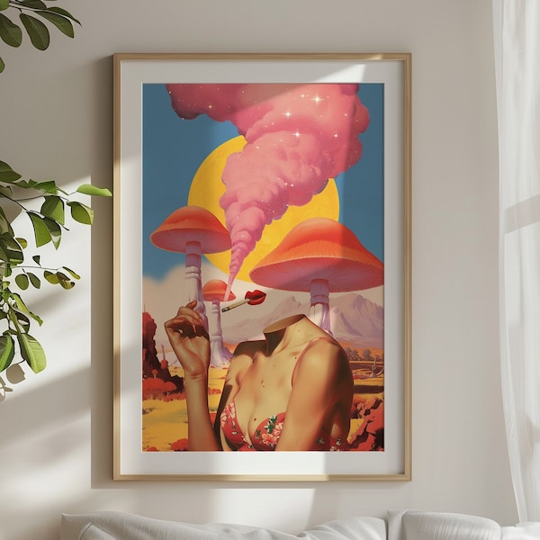 Egoless v2 (Retro Surreal Art, Mushroom Art, Psychedelic Poster, Vintage Wall Print, Trippy Wall Art)