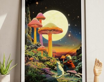 Trippy Dreams - Moonlit Mushroom Canvas Print: Surreal Fantasy Art