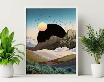 Trippy Planets Collage Art Print: Recycled Cotton Canvas, Vintage Look